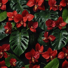 Obraz premium A dramatic arrangement of red anthuriums and orchids with monstera leaves, on a black background.