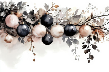 Watercolor Christmas Ornament Illustration with Fir Branches and Berries, space for text, invitation template