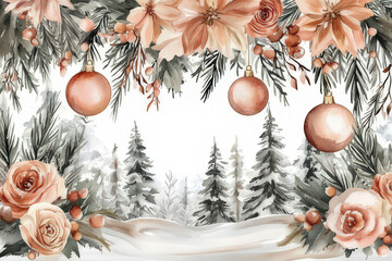 Watercolor Christmas Ornament Illustration with Fir Branches and Berries, space for text, invitation template