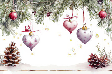 Watercolor Christmas Ornament Illustration with Fir Branches and Berries, space for text, invitation template