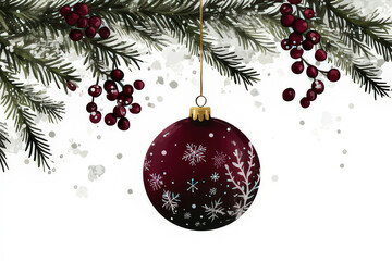 Watercolor Christmas Ornament Illustration with Fir Branches and Berries, space for text, invitation template