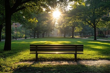 A serene park scene featuring a bench under sunlight filtering through trees.