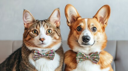 Relationship of Dog and Cat Together Concept, Cat and Dog Together with Matching Bow Ties in Charming Portrait Setting