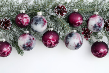 Watercolor Christmas Ornament Illustration with Fir Branches and Berries, space for text, invitation template