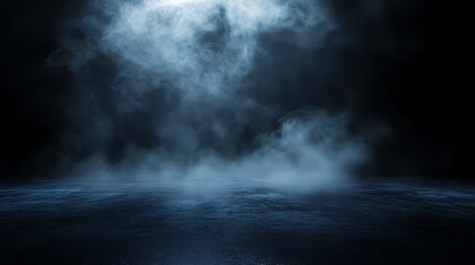 A dark room filled with light and smoke effects as a backdrop.