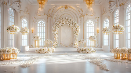 Obraz premium Elegant wedding hall centered on a grand arch adorned with white roses and gilded accents.