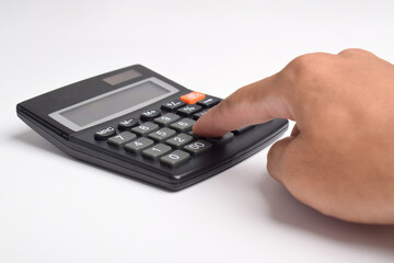 Man hands holding and using a calculator isolated on a white background