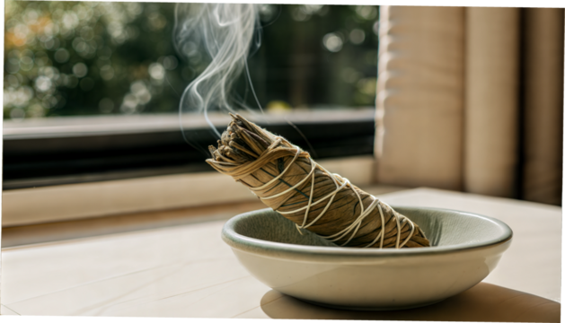 Sage Smudge Stick in Sunlit Bowl by a Window, Symbol of Spiritual Peace and Balance
