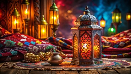 Fototapeta premium Festive Still Life for Ramadan Kareem Featuring an Oriental Lantern in a Low Light Setting with Decorative Elements and Traditional Textiles for a Serene Atmosphere