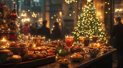 Group of people celebrating Christmas dinner with holiday decorations