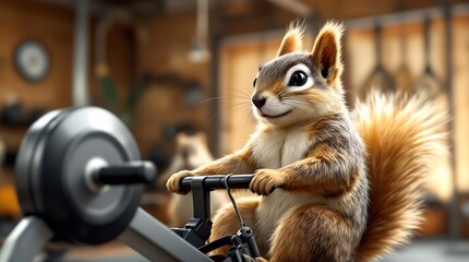 A cheerful squirrel is depicted sitting on a rowing machine, like a tiny athlete, Generative AI