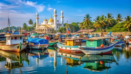 Fototapeta premium Fishing Boats in Beruwala Harbour with Ketchimale Mosque in Background - A Scenic View of Sri Lanka's Coastal Fishing Industry and Vibrant Fish Market
