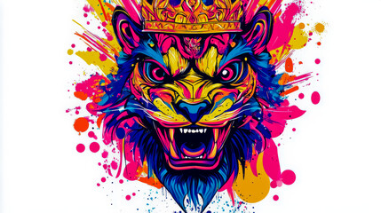 Fototapeta premium T-shirt art featuring a vibrant and colorful graffiti-style illustration of a lion wearing a detailed crown.