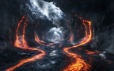 Molten lava flows through a dark volcanic cave, creating a dramatic and fiery path.