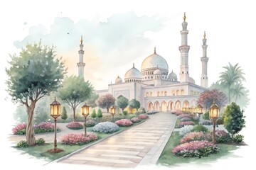 Naklejka premium A stunning mosque garden with pathways lined with glowing lanterns