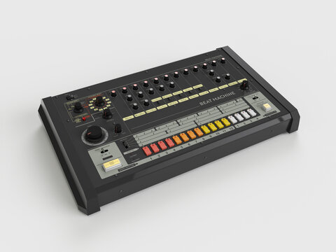 Classic drum machine instrument on yellow background. 3d render.