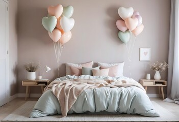Interior of festive bedroom with heart-shaped balloons and bouquet of roses on bed. Valentine's Day celebration