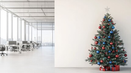 A modern open office space decorated for Christmas, featuring a large,