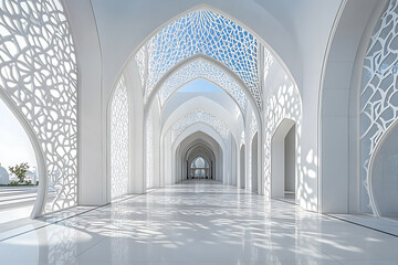 Fototapeta premium Stunning Architectural Design: White Mosque Corridor with Intricate Latticework and Sunlight