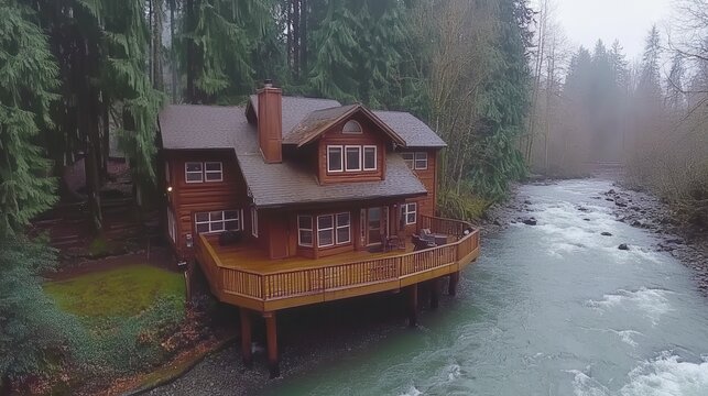 Rustic log cabin home with deck over a river in a misty forest.