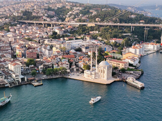 Fototapeta premium Istanbul, Turkey. Grand Mecidiye Mosque, Istanbul Canal, Bosphoros canal. Drone Point of View