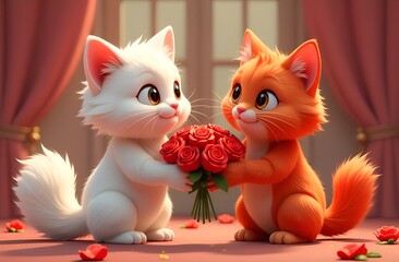 Fototapeta premium cute red and white cats give red flowers to each other 