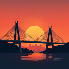 Obraz premium Suspension Bridge Silhouette Against a Vibrant Sunset Background 
