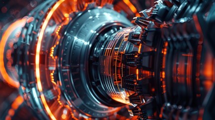 Futuristic industrial gas turbine engine. Engineering equipment. Turbine close up. Heavy industry concept. 