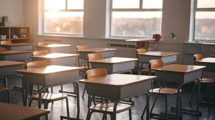 Fototapeta premium a neatly arranged classroom bathed in soft golden light.