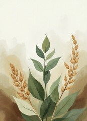Elegant Botanical Illustration: Wheat and Leaves Watercolor Art
