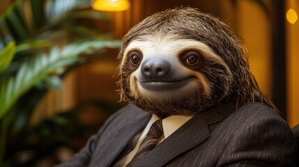 Fototapeta premium Sloth in business suit sitting in an office setting with plants in background