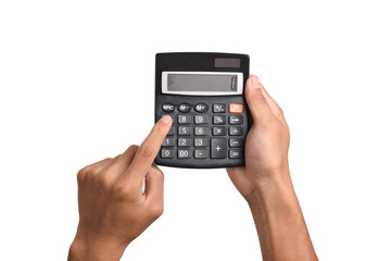 Hands holding and using a calculator isolated on a white background