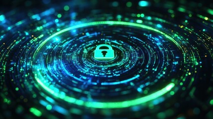 A close-up shot of a glowing padlock icon surrounded by concentric circles of digital code, in a futuristic cybersecurity concept, dimly lit with soft neon green and blue highlights