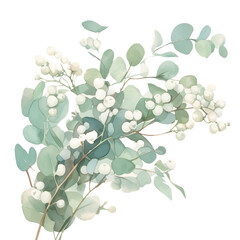 Icy snowberries arranged with pale green leaves in a clean watercolor style, isolated on PNG transparent background