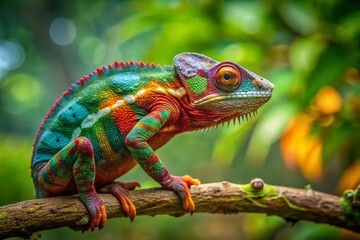 Frontal Portrait of a Vibrant Panther Chameleon Moving Along a Tree Branch Against a Lush Green Background of Cameron Trees Capturing Nature's Colorful Beauty