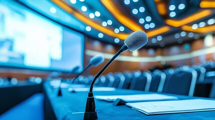 business meeting management room with large display screens and microphones