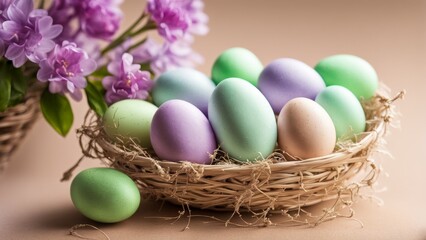 Fototapeta premium A plate with bright Easter eggs, hidden among flowers and greenery, on a beige background.