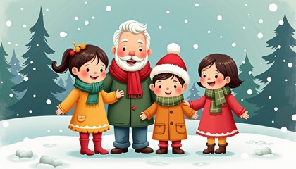 Fototapeta premium happy family 2D art style illustration cartoon Christmas winter background