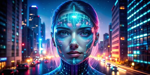 Obraz premium Futuristic Cyber Face with Digital Interface and Holographic Data in Stunning Night Photography, Showcasing Advanced Technology and Neon Lights in a Dark Urban Setting