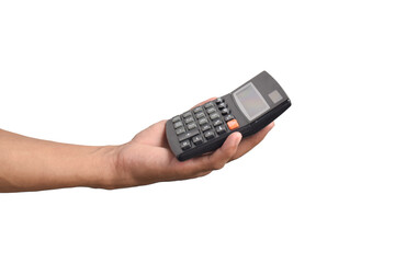 Hand hold calculator isolated on white background