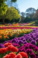 A vibrant garden filled with colorful flowers in various hues under a clear blue sky.