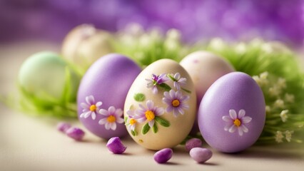 Fototapeta premium Easter eggs decorated with sweets and flowers on a monochrome background, with various shades of purple and green surfaces, conveying the essence of the concept of a happy Easter.
