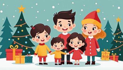 happy family 2D art style illustration cartoon Christmas winter background