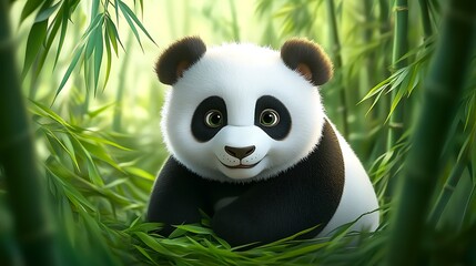 Adorable baby panda bear sitting amidst lush green bamboo forest.