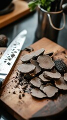 Gourmet truffles sliced with a chef's knife in a culinary kitchen for food enthusiasts