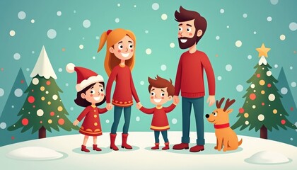 Fototapeta premium happy family 2D art style illustration cartoon Christmas winter background
