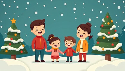 Fototapeta premium happy family 2D art style illustration cartoon Christmas winter background