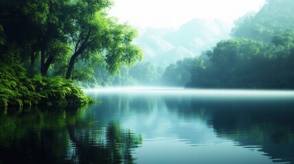Fototapeta premium Dreamy Landscape of a Calm Lake with Mist Rising from Water
