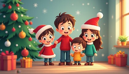 Fototapeta premium happy family 2D art style illustration cartoon Christmas winter background