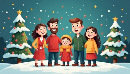 Fototapeta premium happy family 2D art style illustration cartoon Christmas winter background